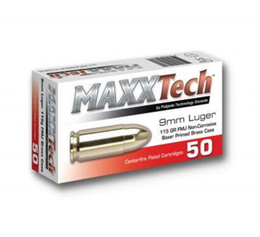 500 Rounds of 9mm Ammo by MAXXTech Brass - 115gr FMJ